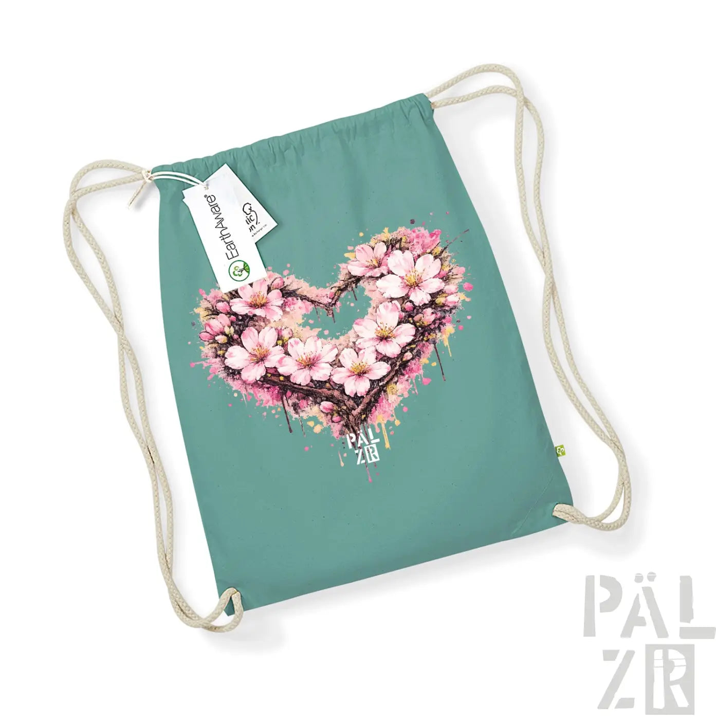 Teal-Ziehenkordtasche mit einem lebendigen pinken Kirschblüten-Herz-Design und Spritzeffekten.