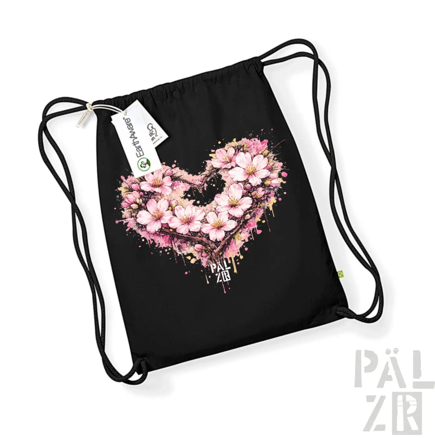 Schwarze Beutel mit Kordelzug mit einem lebendigen pinken Kirschblüten-Herz-Design mit Spritzeffekten und dem Text ’pal zib’ darunter.