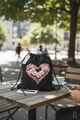 Schwarze Beuteltasche mit einem lebendigen pinken Kirschblüten-Herz-Design und dem Text ’papi zib’ darunter.