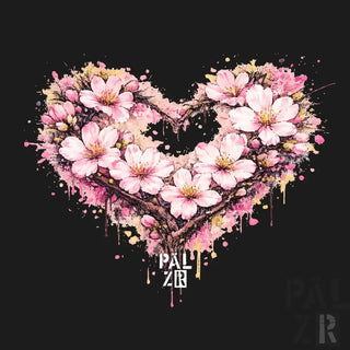 Eine herzförmige Anordnung aus pinkfarbenen Kirschblüten mit gelben Zentren, umrahmt von dunklen Ästen und akzentuiert mit Spritzern von Farbe in Schattierungen von Pink und Gold.