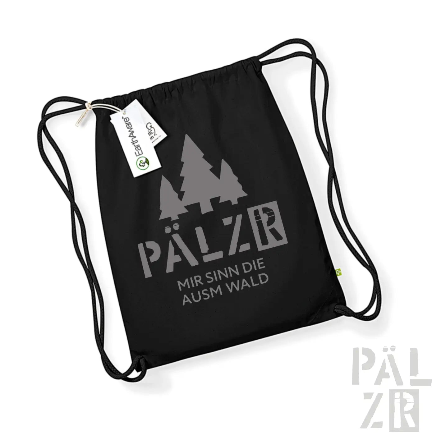 Schwarzer Rucksack mit Kordelzug und ’pälzr’-Logo sowie Baumdesign, Marke Emporio Armani.