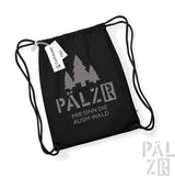Schwarzer Rucksack mit Kordelzug und ’pälzr’-Logo sowie Baumdesign, Marke Emporio Armani.