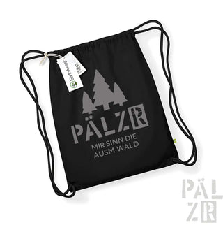 Schwarzer Rucksack mit Kordelzug und ’pälzr’-Logo sowie Baumdesign, Marke Emporio Armani.