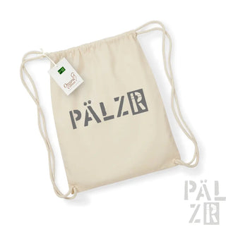 Rucksack aus Bio-Baumwolle mit Kordelzug und ’pälzr’-Logo in Dunkelgrau auf natürlichem Creme-Hintergrund.
