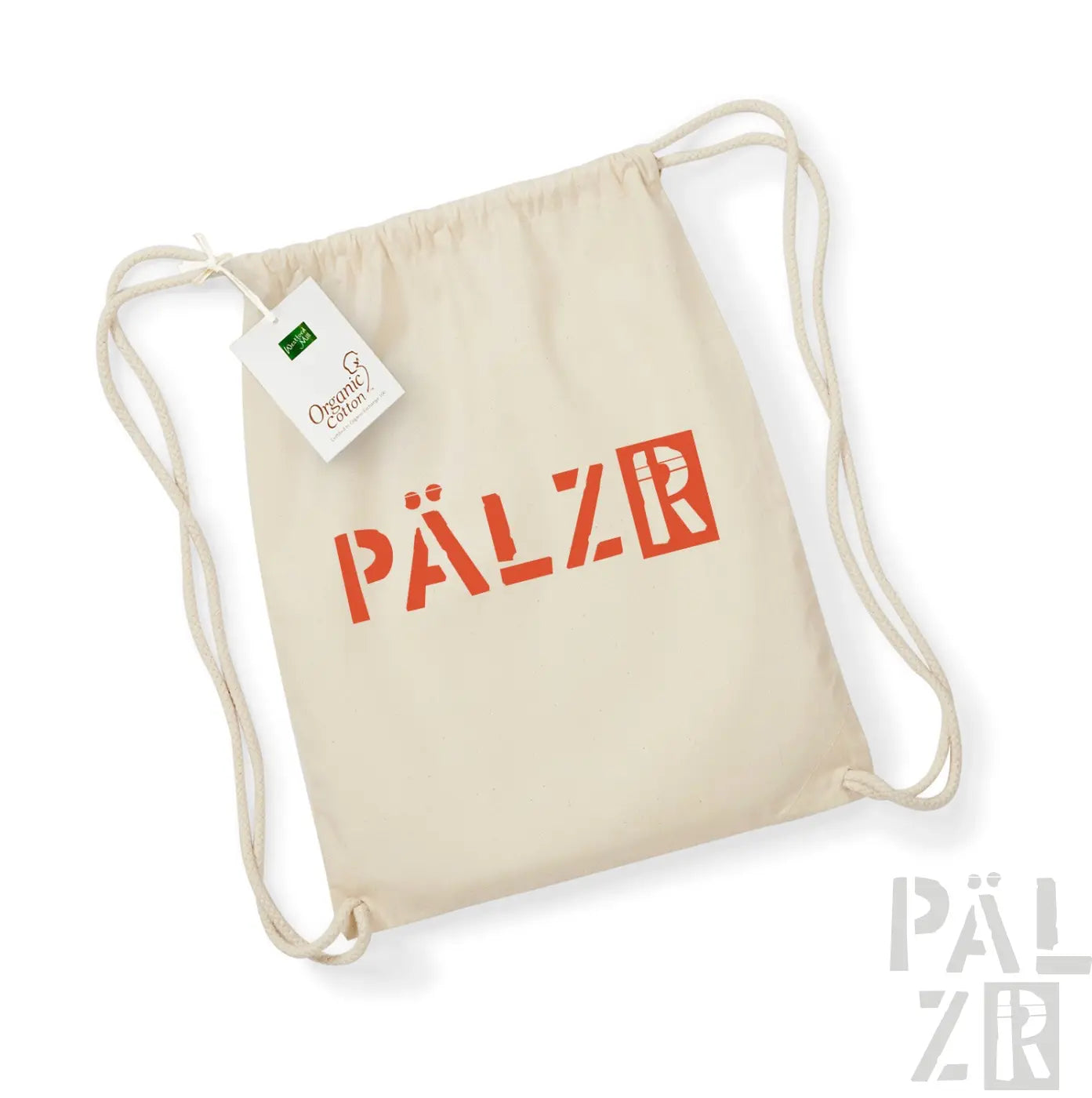 Blasscreme-Farbene Kordelrucksack mit orange ’pälzr’ Logo und Bio-Baumwoll-Etikett.