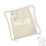 Bio-Baumwolle-Kordelrucksack mit ‚pälzr‘-Logo in Weiß auf natürlichem Beige-Hintergrund.