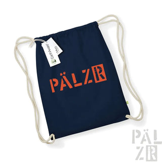 Marineblaues Rucksack mit Kordelzug, orangefarbenem „pälzr“-Logo und weißen Schnüren.