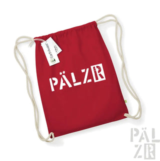 Roter Rucksack mit Kordelzug, weißem ’pälzr’-Logo und umweltfreundlichem Etikett.