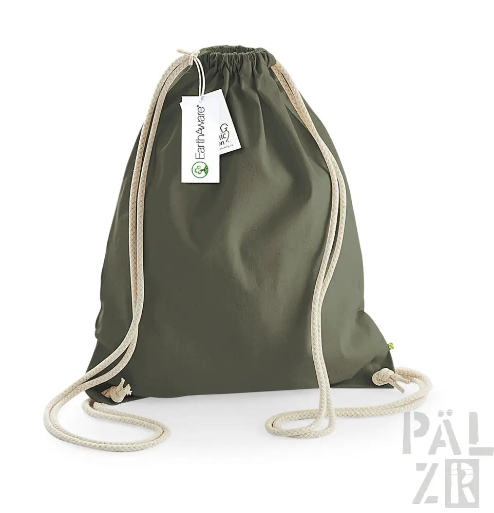 Olivgrüner Rucksack mit Kordelzug, weißer Schnur und Etikett, Marke Earthaware.