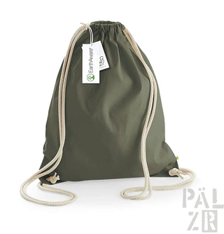 Olivgrüner Rucksack mit Kordelzug, weißer Schnur und Etikett, Marke Earthaware.