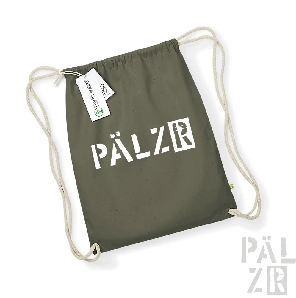 Olivgrüner Rucksack mit Kordelzug und ’pälzr’-Logo sowie weißen Seilgriffen.