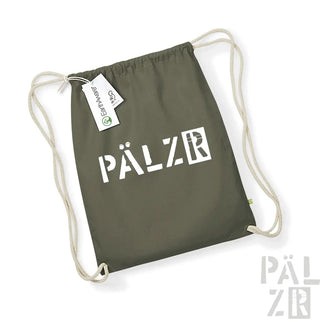 Olivgrüner Rucksack mit Kordelzug und ’pälzr’-Logo sowie weißen Seilgriffen.