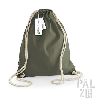 Olivgrüner Rucksack mit Kordelzug, weißer Schnur und Etikett, Marke earthaware.
