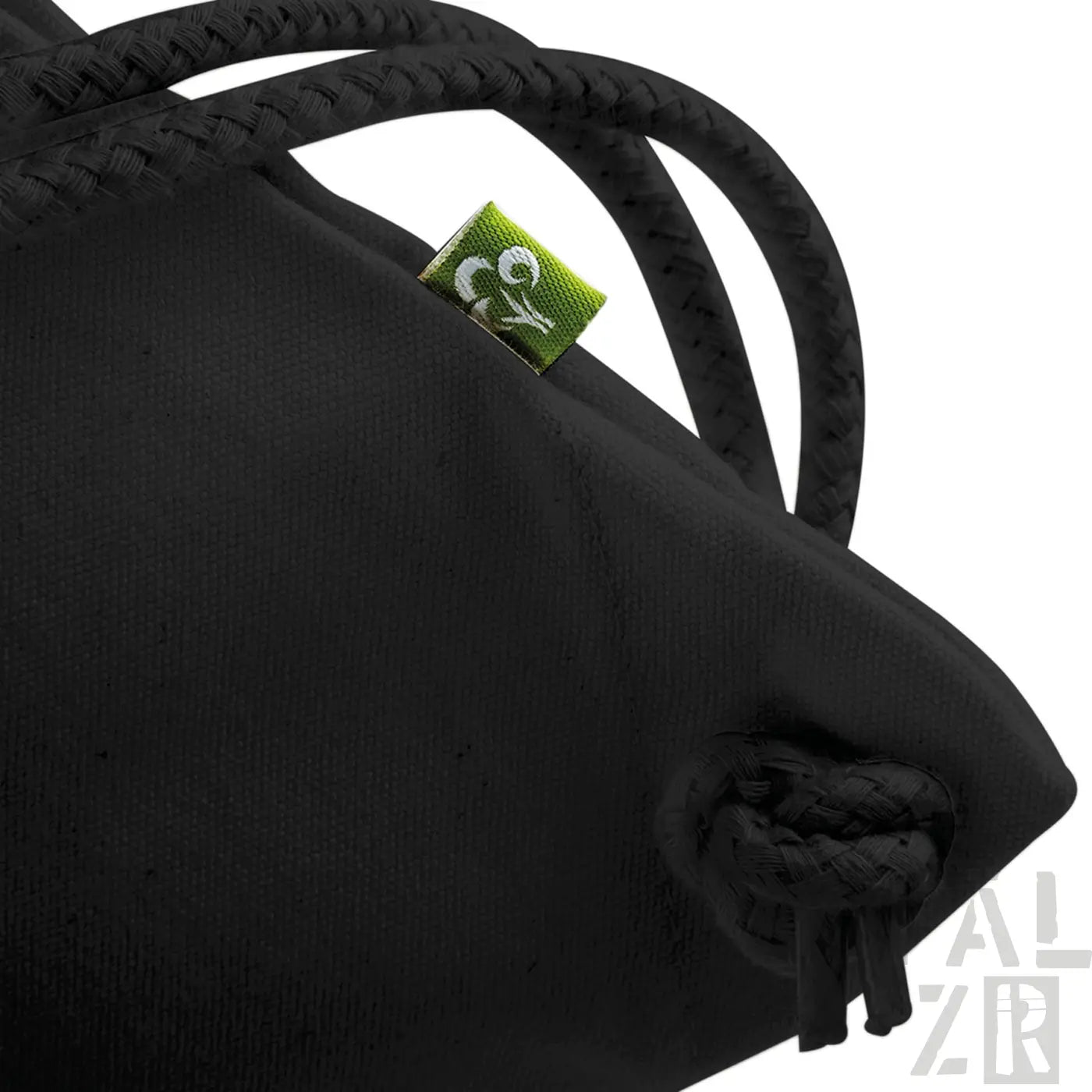 Schwarzer Rucksack mit grünem Logo und Seilgriffen.