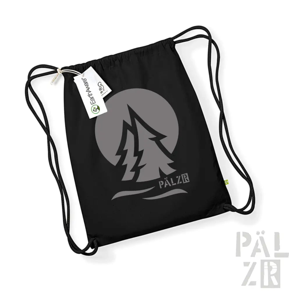 Schwarzer Rucksack mit Kordelzug, grauem Baumdesign und Markenlogo.