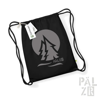 Schwarzer Rucksack mit Kordelzug, grauem Baumdesign und Markenlogo.