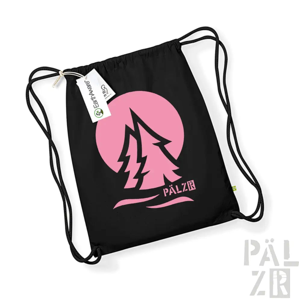 Schwarzer Rucksack mit Kordelzug, pinkem Baumdesign und Markenlogo.