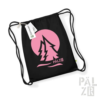 Schwarzer Rucksack mit Kordelzug, pinkem Baumdesign und Markenlogo.