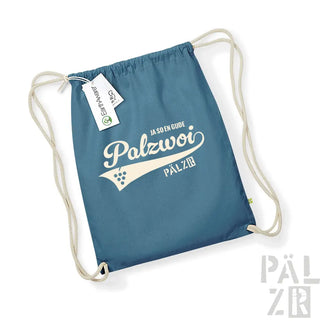 Marineblauer Rucksack mit Kordelzug, weißem „polzwoi“-Logo und Banner-Design.