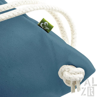 Blaues Seil-Tasche mit weißen Akzenten und grünem Logo.