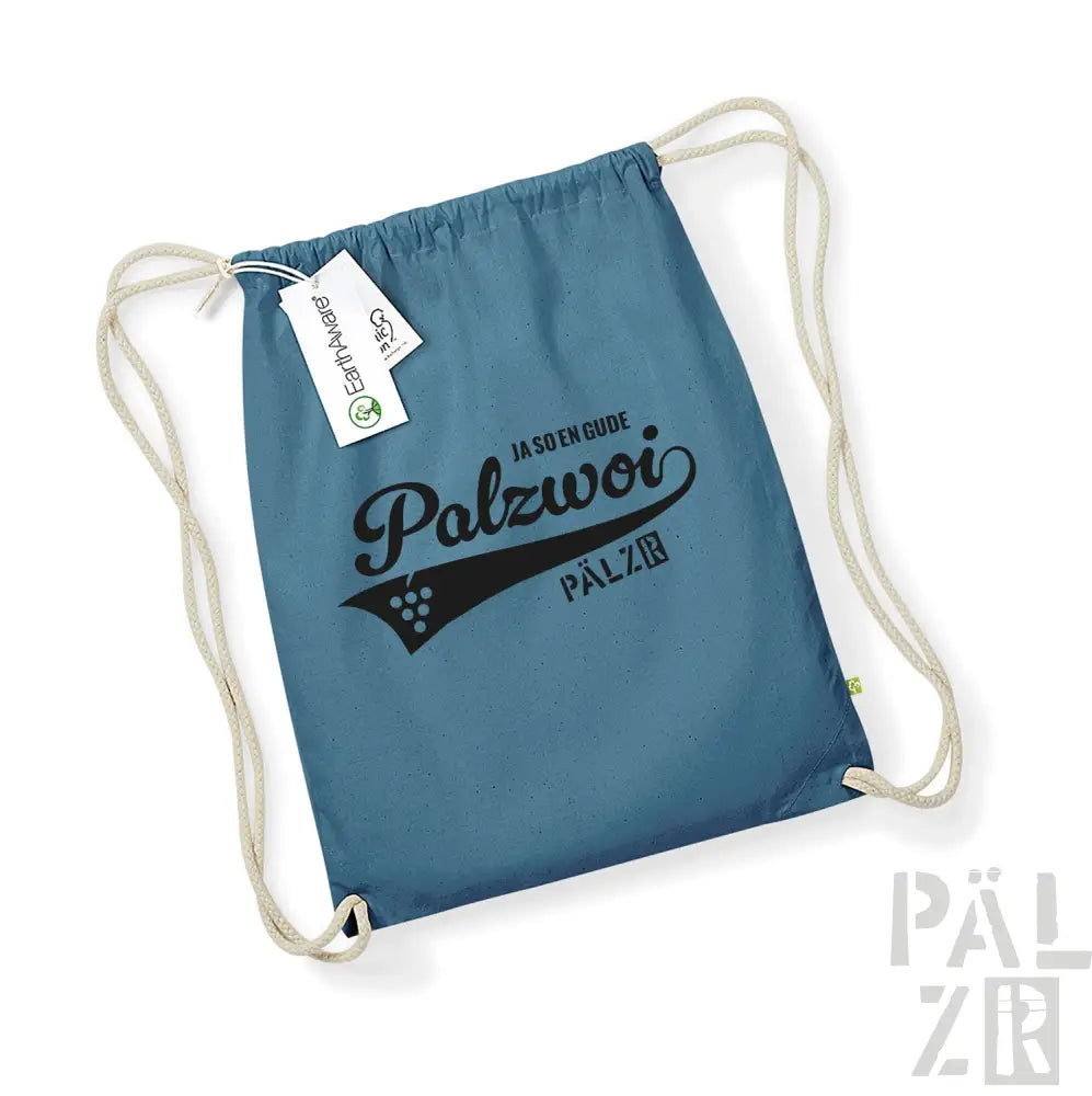 Blaues Rucksack mit Kordelzug und ’palzwoi’-Logo sowie weißen Seilgriffen.