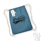 Blaues Rucksack mit Kordelzug und ’palzwoi’-Logo sowie weißen Seilgriffen.