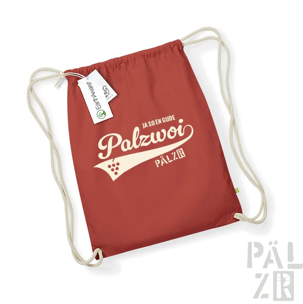 Roter Rucksack mit Kordelzug, weißem ’palzwoi’-Logo und -Text, mit Weintrauben-Design.