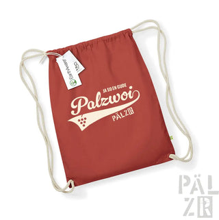Roter Rucksack mit Kordelzug, weißem ’palzwoi’-Logo und -Text, mit Weintrauben-Design.