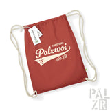 Roter Rucksack mit Kordelzug, weißem ’palzwoi’-Logo und -Text, mit Weintrauben-Design.