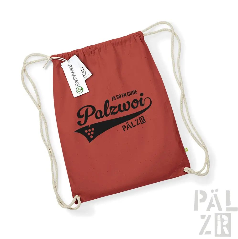 Roter Rucksack mit Kordelzug, schwarzem ’polzwoi’-Logo und Rebenmuster.