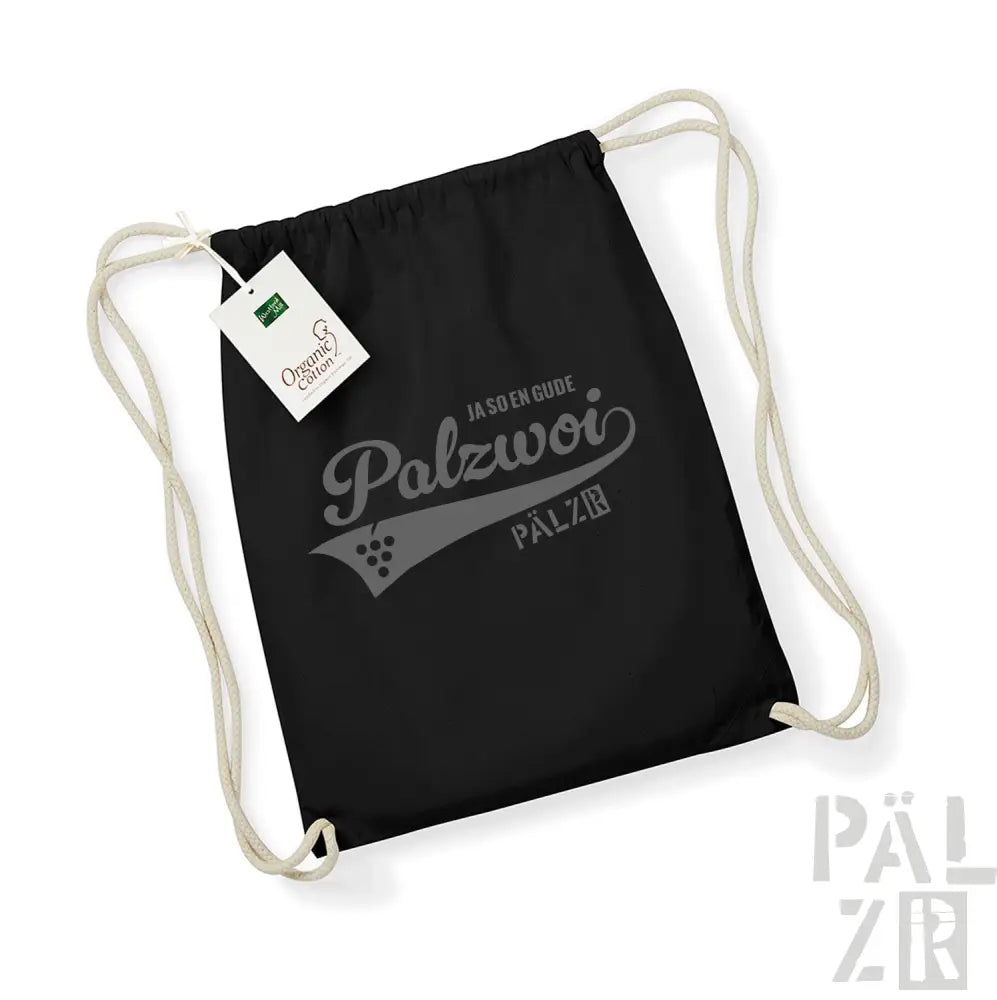 Schwarzer Rucksack mit Kordelzug und ’palzwoi’-Design aus Bio-Baumwolle.