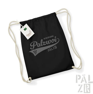 Schwarzer Rucksack mit Kordelzug und ’palzwoi’-Design aus Bio-Baumwolle.