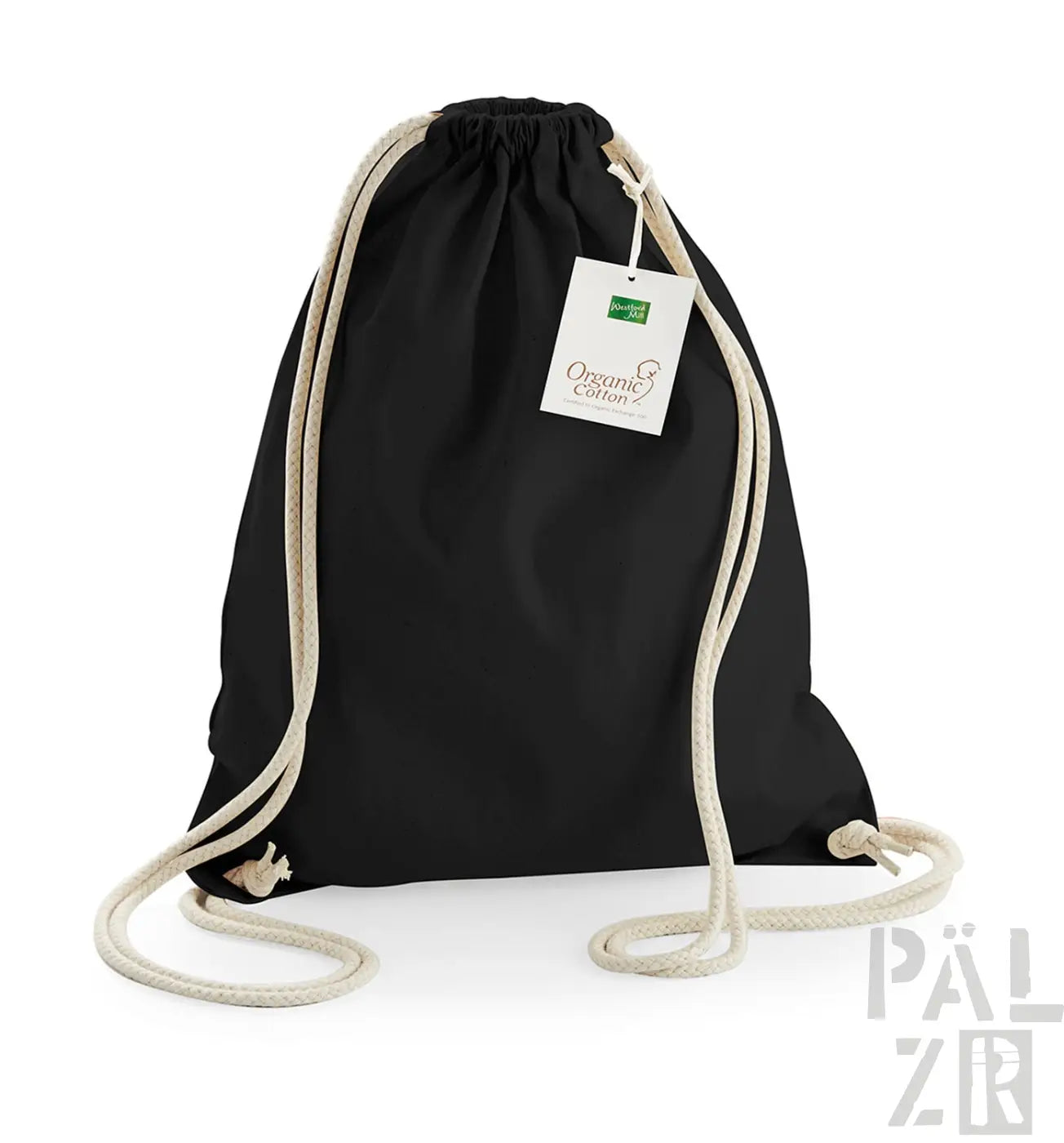 Schwarzer Rucksack mit Kordelzug, weißen Seilgriffen und einem grünen Etikett.