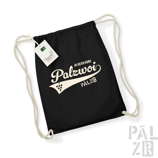 Schwarzer Rucksack mit Kordelzug und weißem ’palzwoi’-Logo und -Text.