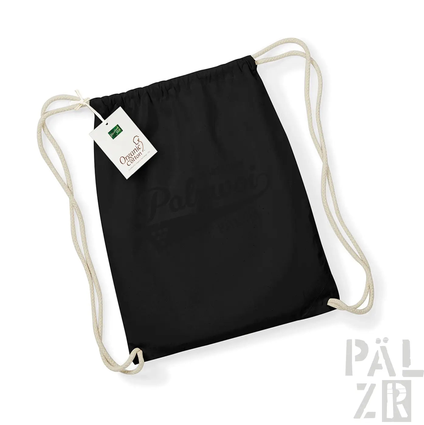 Schwarzer Rucksack mit Kordelzug, weißen Schnüren und Material aus Bio-Baumwolle.