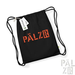Schwarzer Rucksack mit Kordelzug, orange ’pälzr’ Logo und Markenlabel.