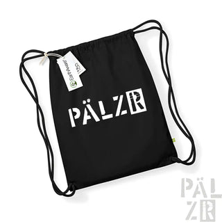 Schwarzer Rucksack mit Kordelzug, weißem ’pälzr’-Logo und Markenlabel.