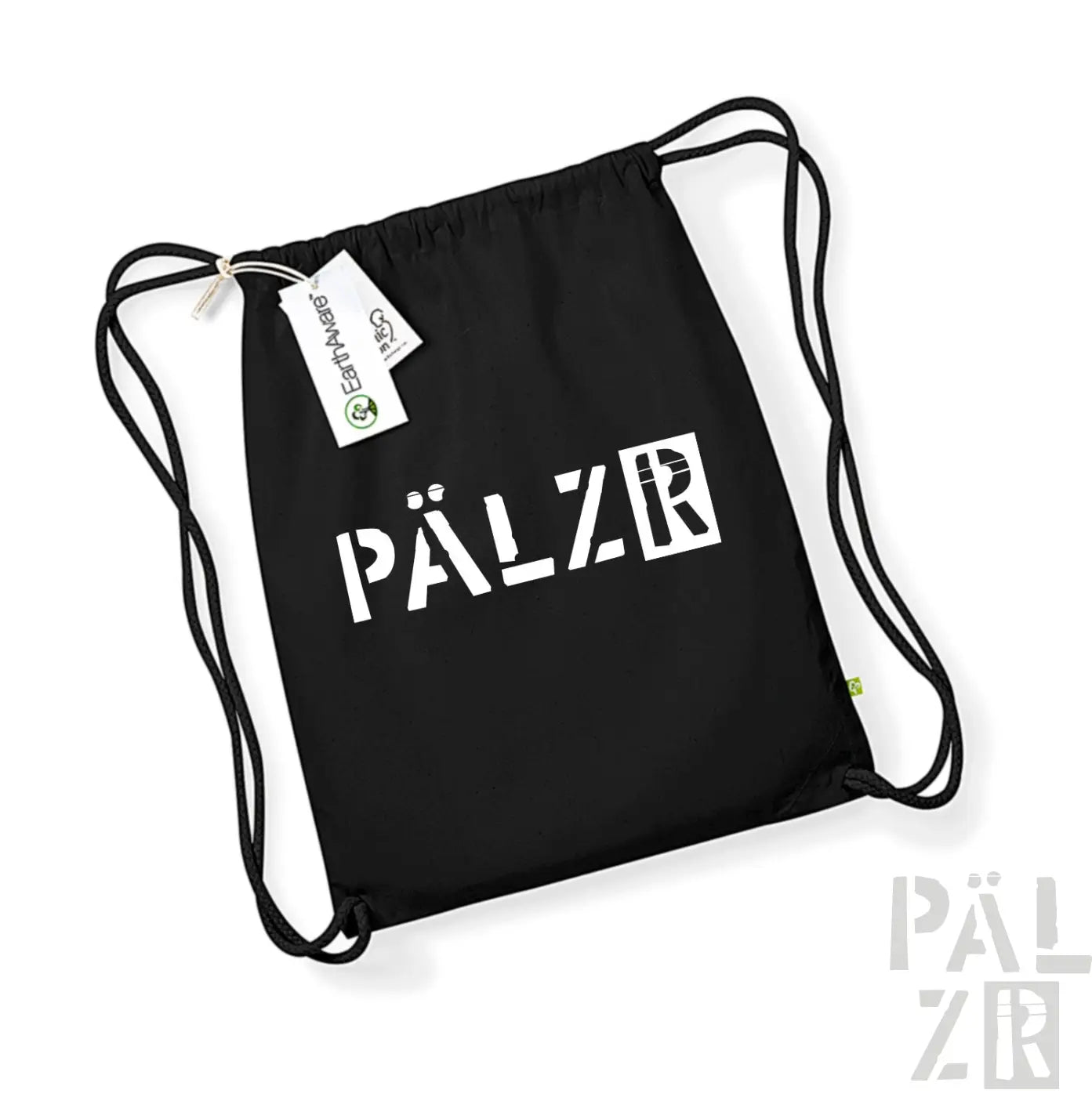 Schwarzer Rucksack mit Kordelzug, weißem ’pälzr’-Logo und Markenlabel.