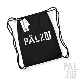Schwarzer Rucksack mit Kordelzug, weißem ’pälzr’-Logo und Markenlabel.