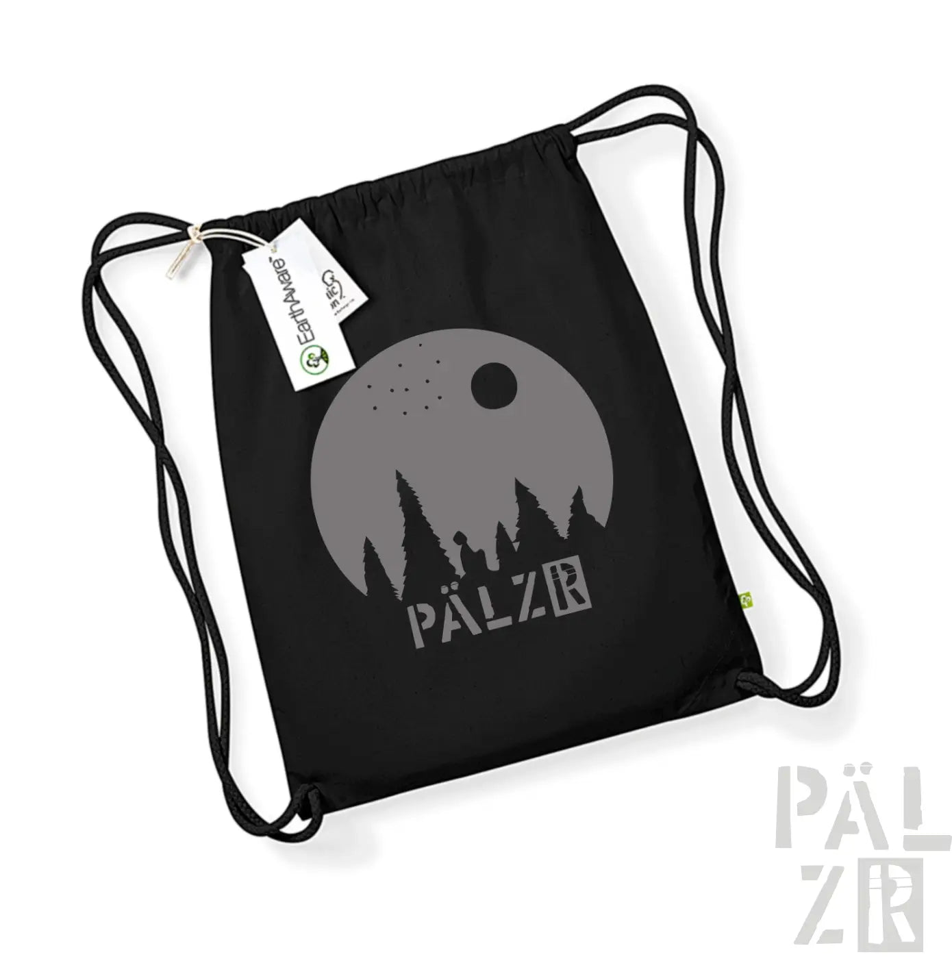 Schwarzer Rucksack mit Kordelzug und Mond-und-Bäume-Design, Marke pälzr.