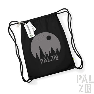 Schwarzer Rucksack mit Kordelzug und Mond-und-Bäume-Design, Marke pälzr.