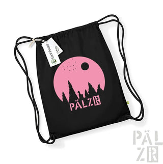 Schwarzer Rucksack mit Kordelzug und pinkem Mond- und Baum-Design, ’pälzr’ Logo.