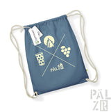 Marineblauer Rucksack mit Kordelzug, weißen Akzenten und outdoor-thematisierten Designs.