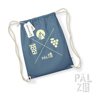 Marineblauer Rucksack mit Kordelzug, weißen Akzenten und outdoor-thematisierten Designs.