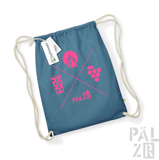 Blauer Rucksack mit Kordelzug, rosa weinbezogenen Designs und weißen Schnüren.