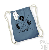 Blauer Rucksack mit Kordelzug, schwarzem Logo und Design-Elementen.