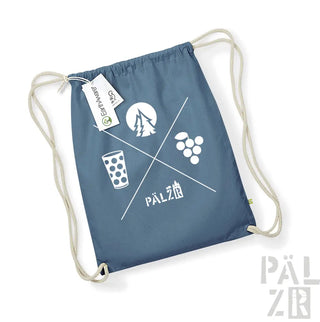 Marineblaue Rucksack mit Kordelzug und weißen Baum- und Wein-Icons, ’pälzr’ Logo.