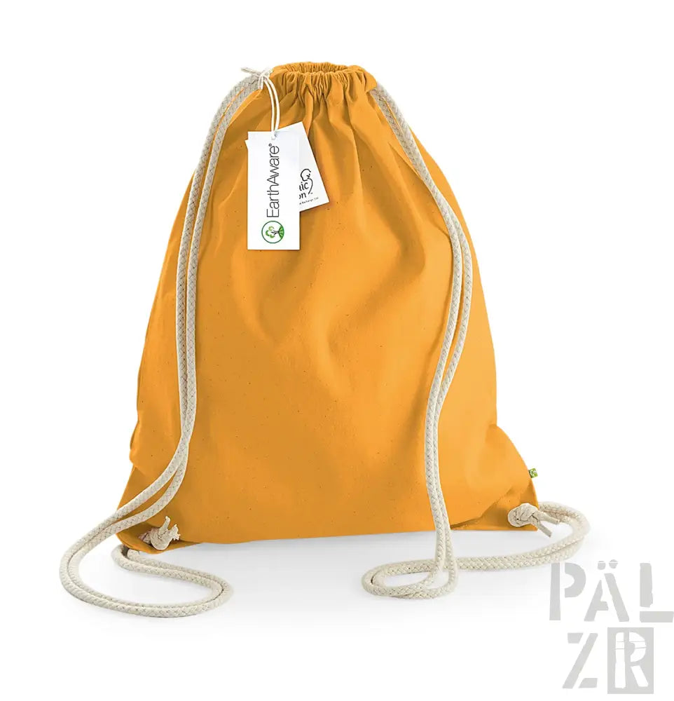 Gelber Rucksack mit Kordelzug, weißen Seilgriffen und einem kleinen Etikett.