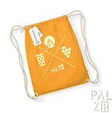 Orange Rucksack mit Kordelzug, weißen Akzenten und gedruckten Designs.