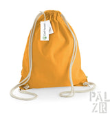Gelber Rucksack mit Kordelzug, weißen Seilgriffen und einem kleinen Etikett.